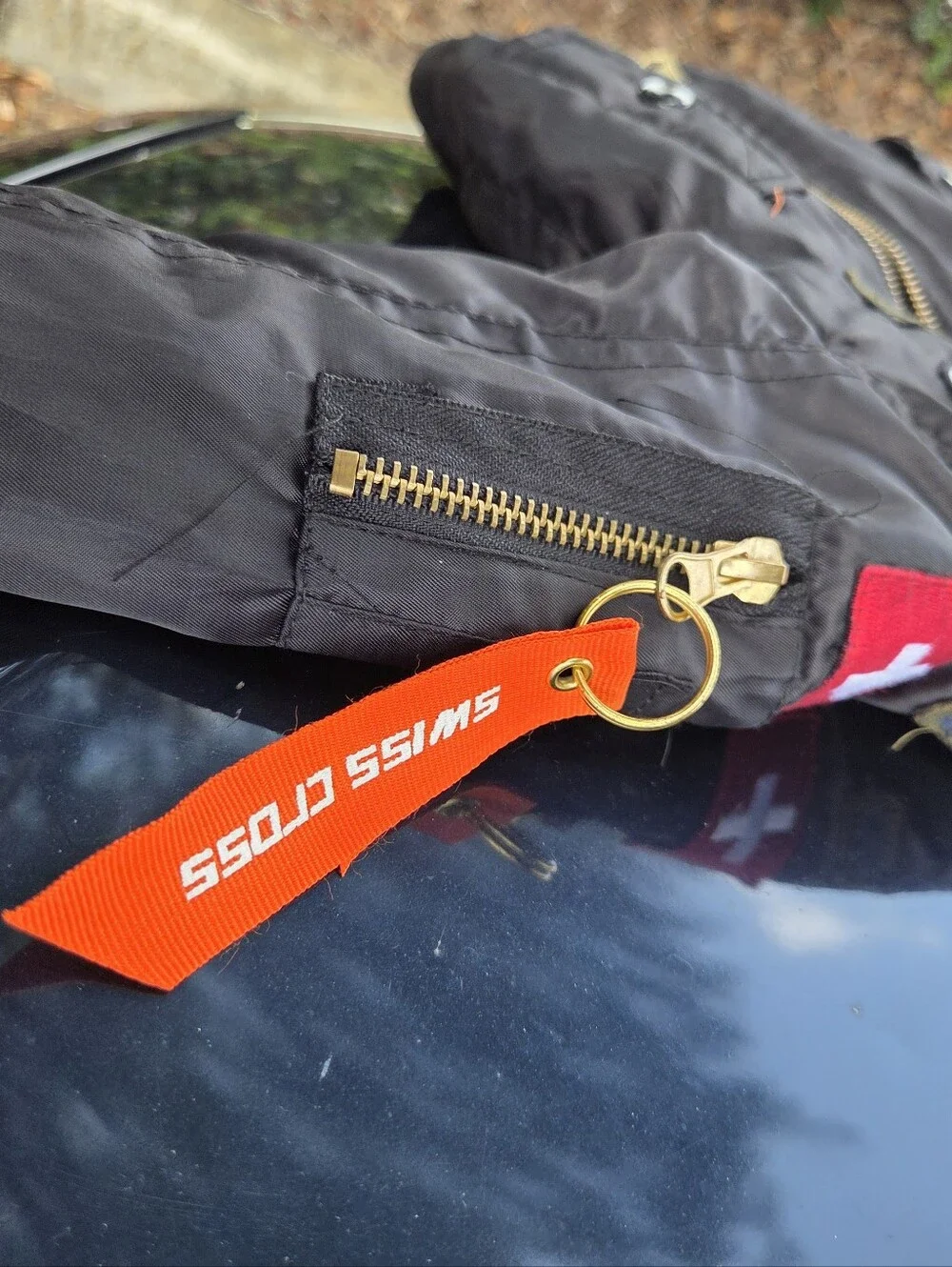 Black Bomber Jacket w/Orange Lining & Patch Details - No Size Tag, Use Measrmts